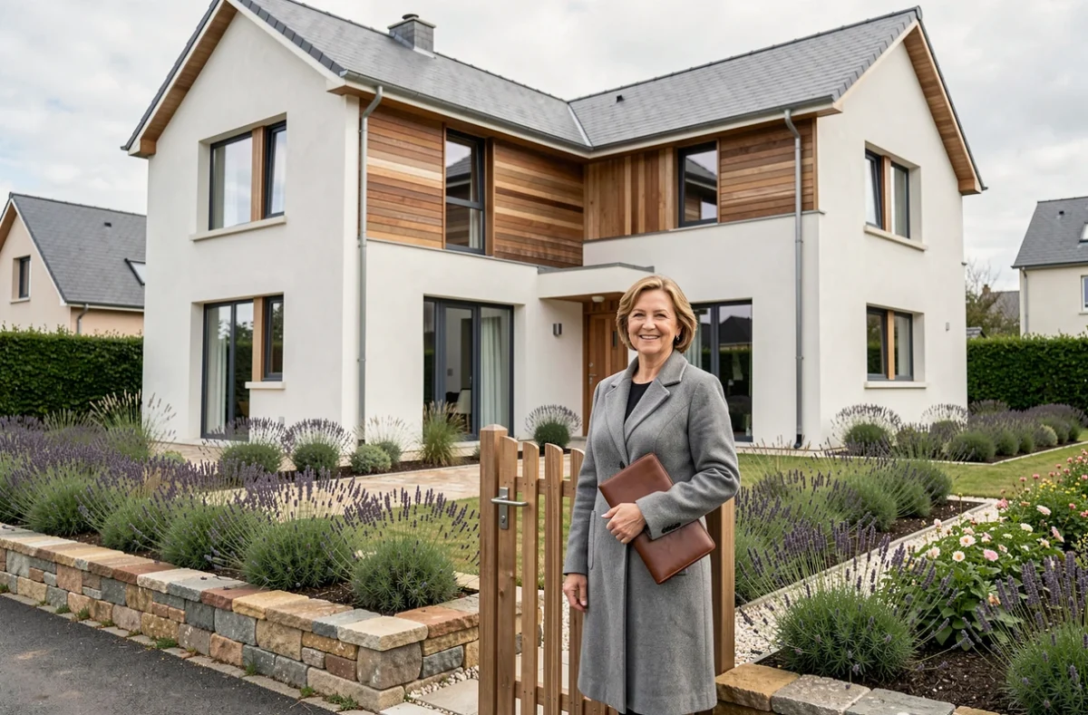 Coordinatrice de projet de TESA Constructions devant une maison individuelle haut de gamme en Loire-Atlantique