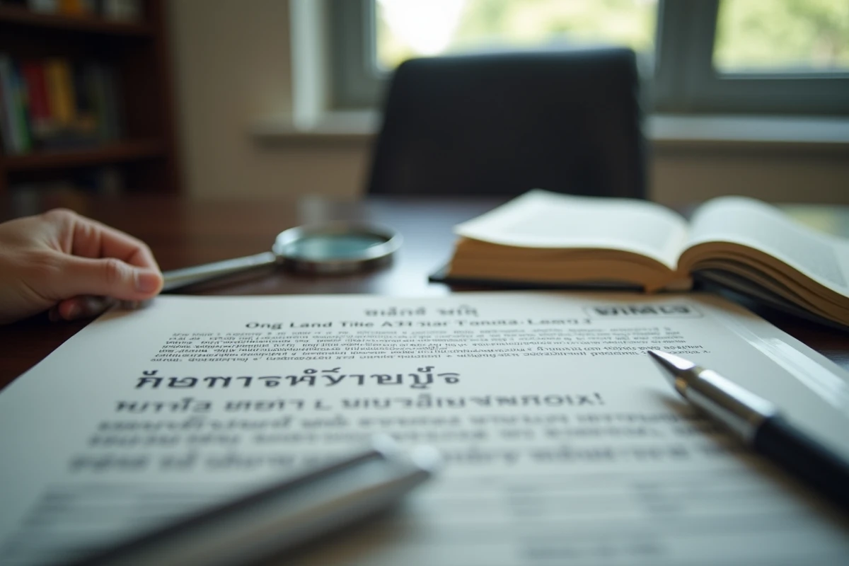 Gros plan sur un titre de propriété Chanote thaïlandais sur un bureau en bois avec loupe et stylo pour vérification juridique