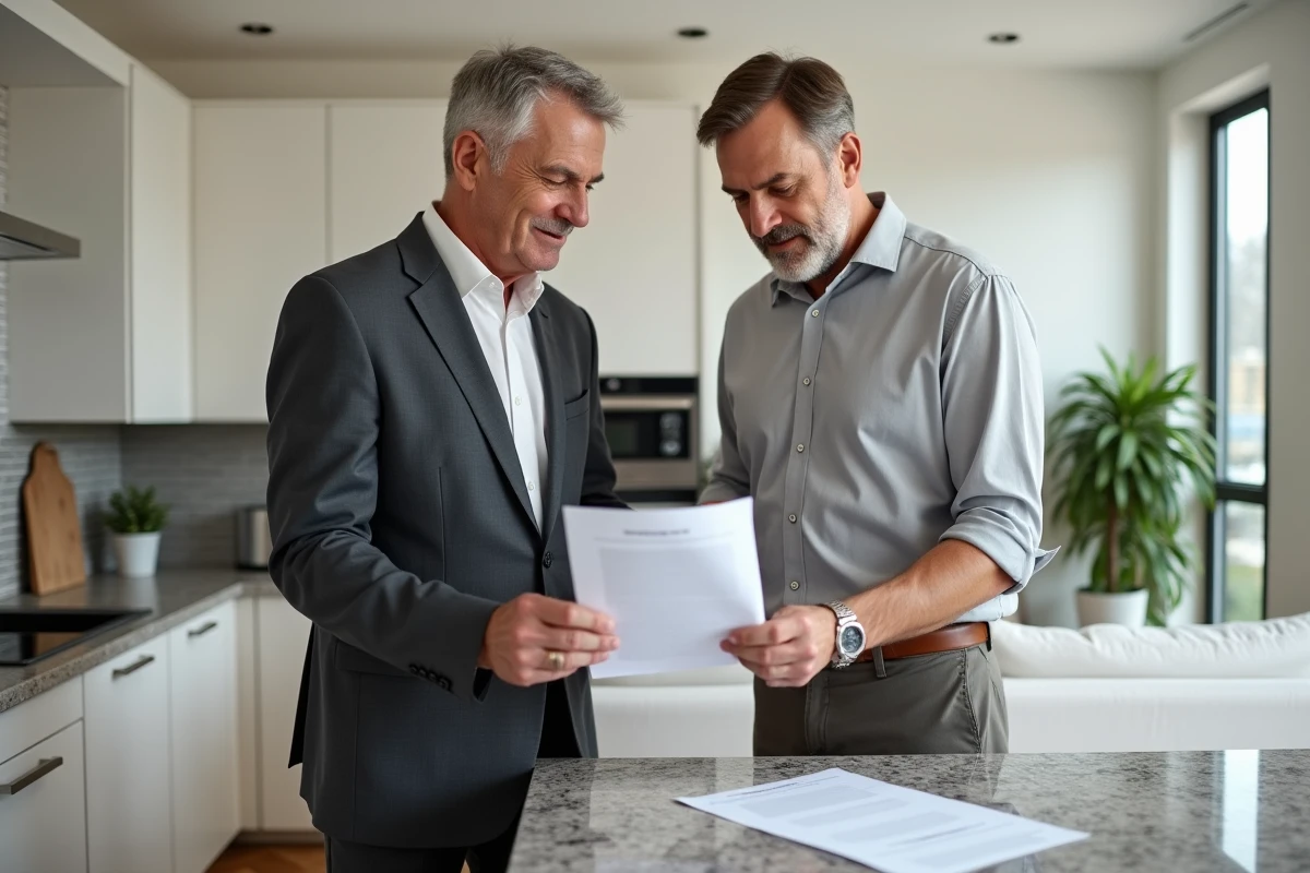 Deux propriétaires examinant les documents du registre de copropriété avant une vente d'appartement