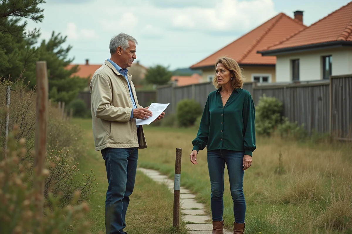 Deux propriétaires examinant une borne cadastrale et un document de bornage sur une parcelle résidentielle, illustrant les erreurs fréquentes liées aux limites de propriété