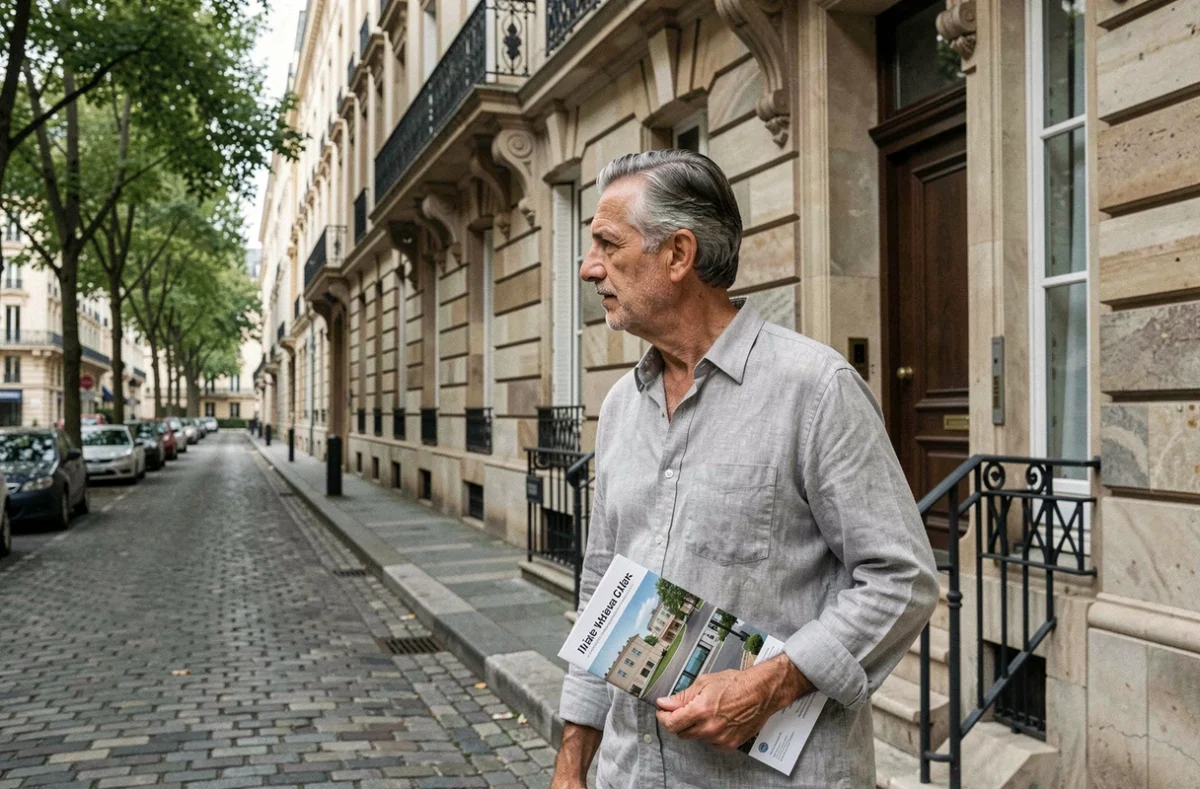 Propriétaire senior devant un immeuble haussmannien parisien envisageant une vente en viager sans rente