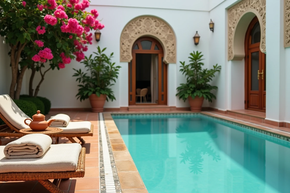 Piscine privée d'une villa de luxe à Essaouira avec carrelage marocain traditionnel et salon de jardin en rotin