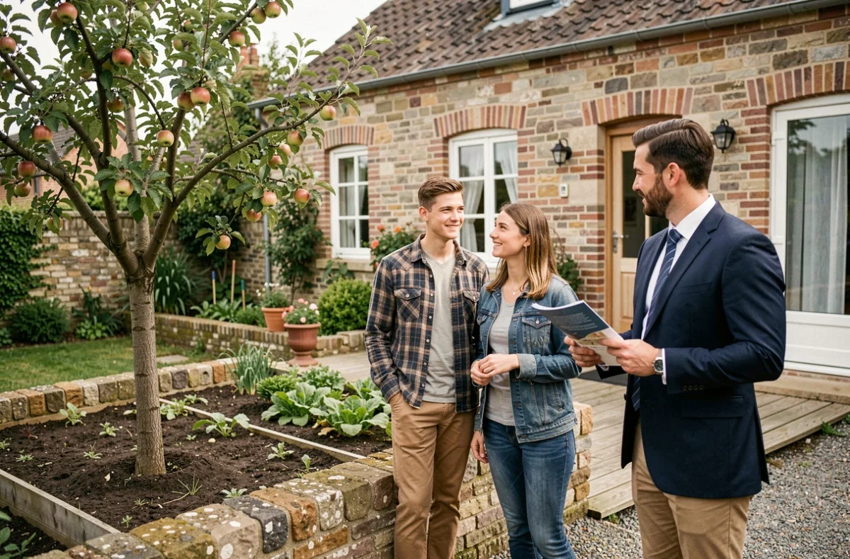 Couple visitant une petite maison avec jardin à louer dans l'Eure 27 avec un agent immobilier