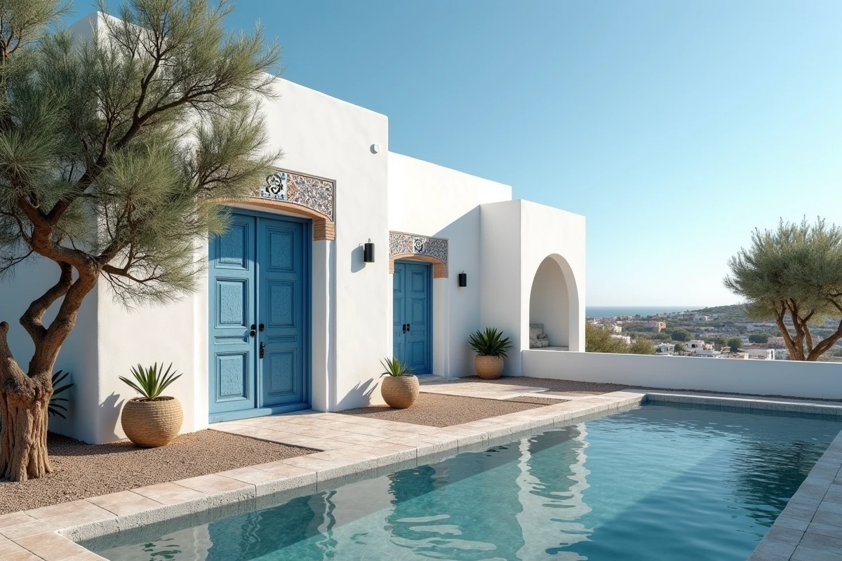 Vue extérieure d'une villa traditionnelle à Essaouira avec piscine et jardin méditerranéen pour location longue durée