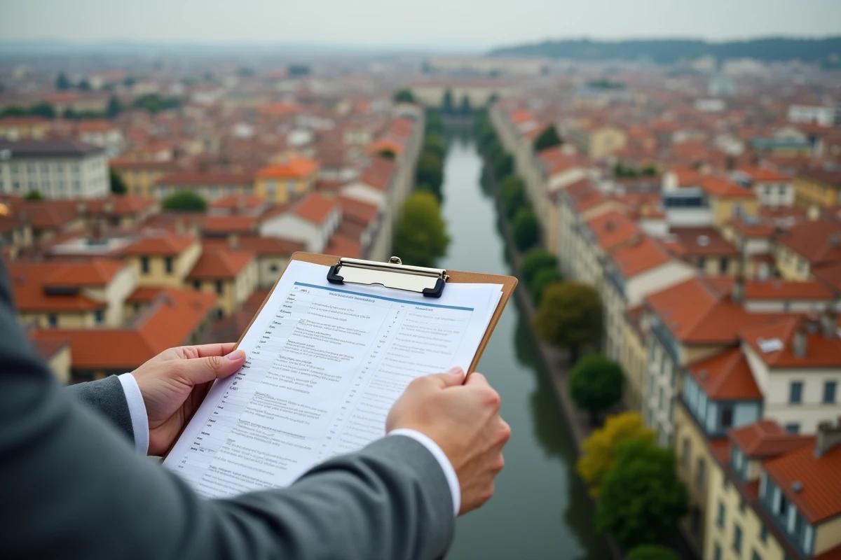 Vue panoramique du quartier Presqu'île de Lyon avec presse-papiers d'estimation immobilière en premier plan sur terrasse
